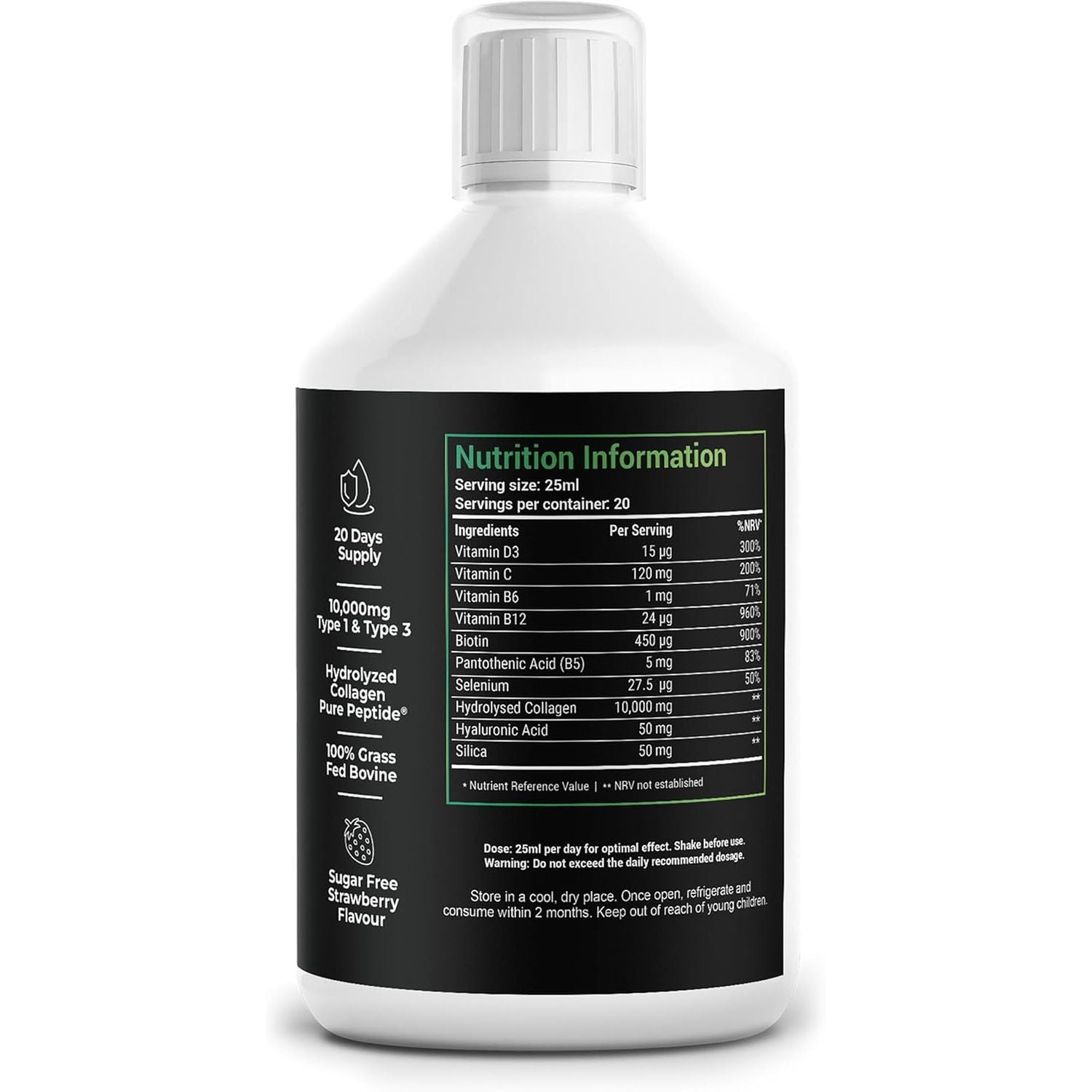 Nutrality Bovine Collagen Sugar Free Liquid | 10,000Mg Type 1 Peptides | Collagen Peptides, Hyaluronic Acid, Biotin | Strawberry Flavour | Healthy Skin, Hair, Nails | 500Ml (1 Bottle)