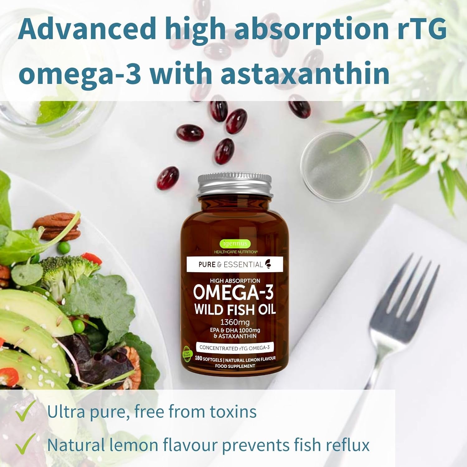 Igennus Omega-3 Wild Fish Oil & Astaxanthin, Highest Grade Triglyceride Rtg, IFOS Certified Ultra Pure, Omega-3 EPA & DHA Fatty Acids 1000Mg, Lemon Flavour, 180 Small Softgels