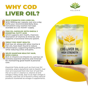 Cod Liver Oil Capsules High Strength 1000Mg | 360 Fish Oil Capsules UK Made - 1 Year Supply | Rich Source of Omega 3 Essential Fatty Acids | High EPA DHA | Gluten Free - Made in the UK for Hellenia