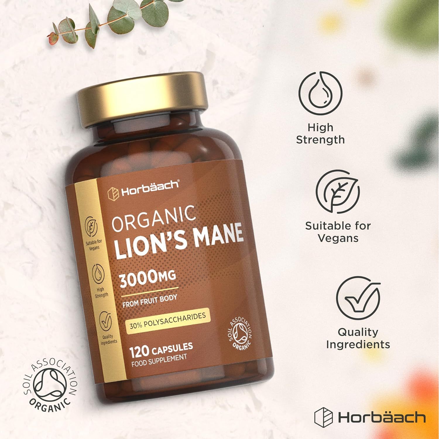 Organic Lions Mane Supplement 3000Mg | High Strength | Certified Organic by the Soil Association | Mushroom Fruiting Bodies Extract | 120 Vegan Capsules | by Horbaach