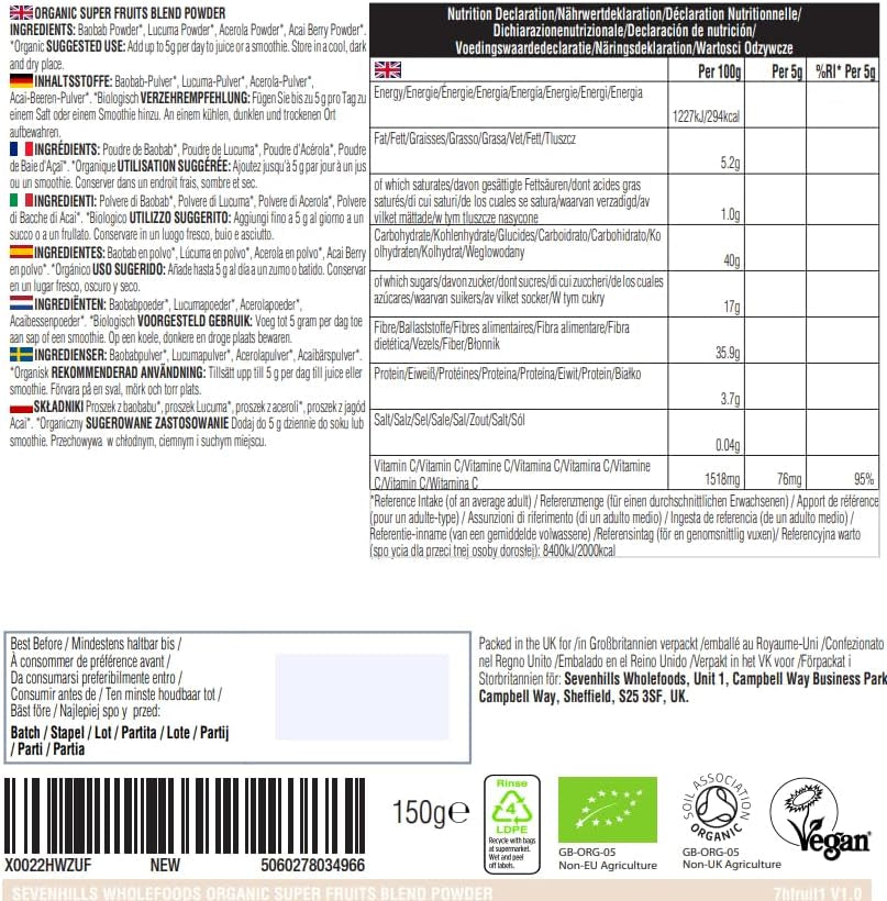 Sevenhills Wholefoods Organic Super Fruit Powder Blend - Superberries - with Acai, Baobab, Acerola and Lucuma, Supports Immunity& Skin Health, Reduce Fatigue, Natural Vitamin C,150G - No Sugar