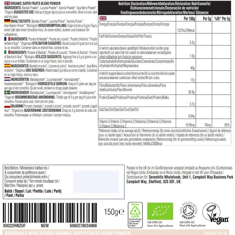 Sevenhills Wholefoods Organic Super Fruit Powder Blend - Superberries - with Acai, Baobab, Acerola and Lucuma, Supports Immunity& Skin Health, Reduce Fatigue, Natural Vitamin C,150G - No Sugar