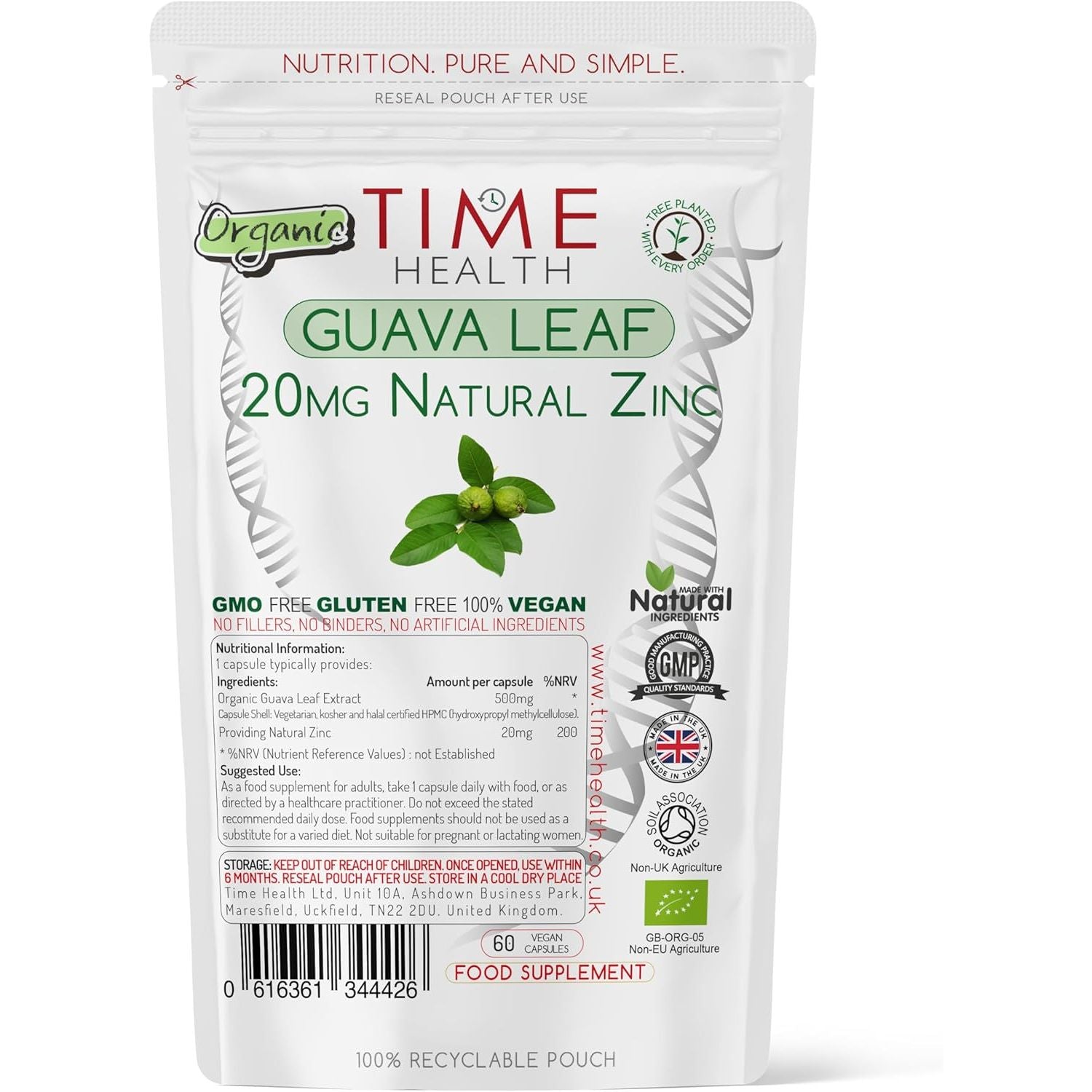 Organic Guava Leaf Extract – 20Mg Natural Zinc per Capsule – Vegan – Zero Additives – GMP Standards – (60 Capsules)