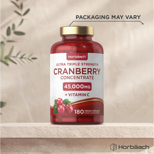 Cranberry Capsules 50,000 Mg | High Strength Cranberry Extract with Vitamin C | 180 Vegan Capsules | Supplement for Women & Men | by Horbaach