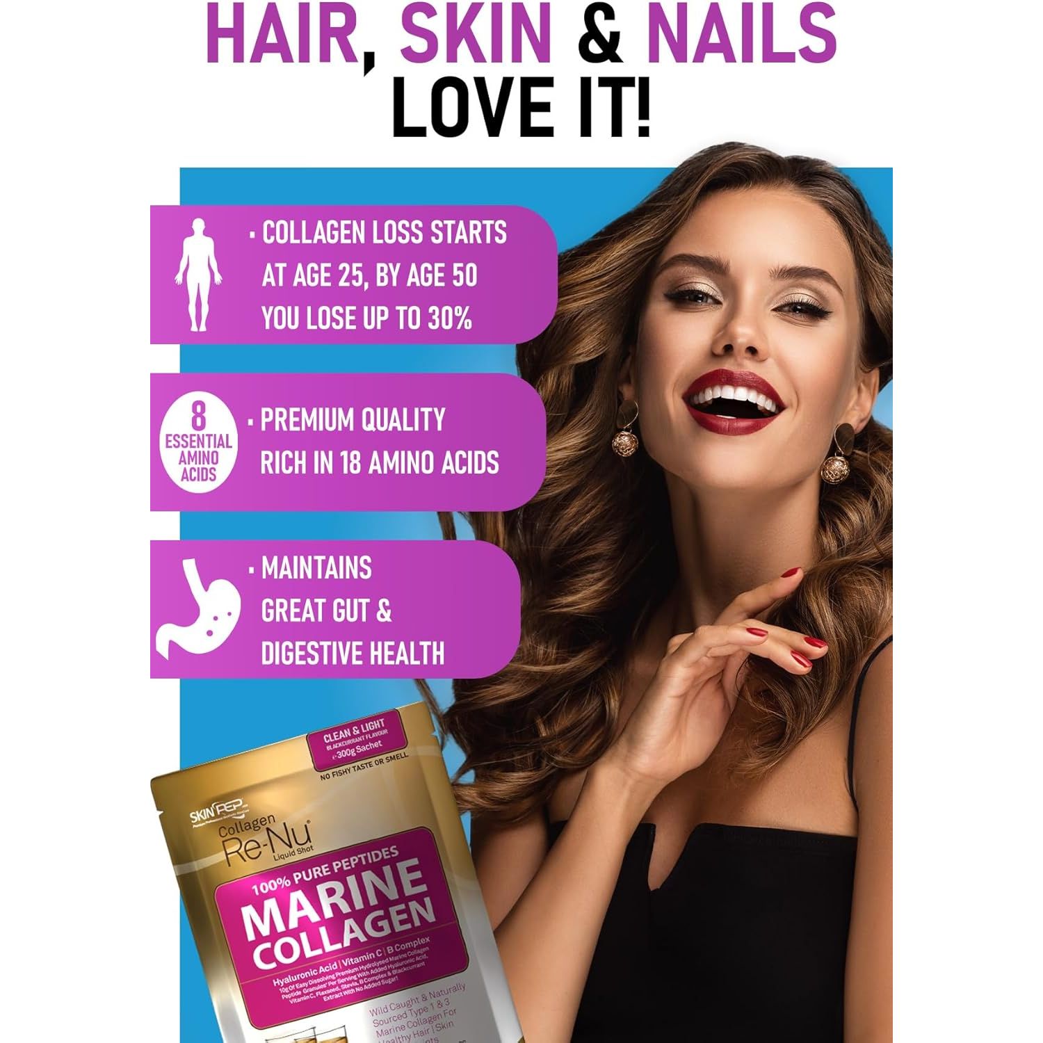 Premium Hydrolysed Marine Collagen Peptide Powder + VIT C, B Complex Hyaluronic Acid, & Stevia. Clean Light Taste/No Fishy Smell - Skinpep Collagen Re-Nu 300G - 30 Days Supply