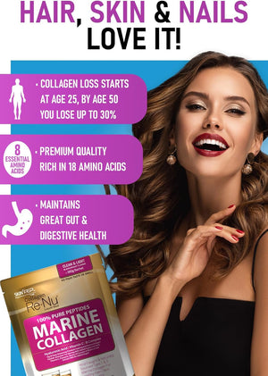 Premium Hydrolysed Marine Collagen Peptide Powder + VIT C, B Complex Hyaluronic Acid, & Stevia. Clean Light Taste/No Fishy Smell - Skinpep Collagen Re-Nu 300G - 30 Days Supply