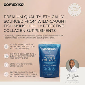CORREXIKO Marine Collagen Powder Supplement Unflavoured - 10,000Mg Double Hydrolysed Collagen Peptides per Serving - Formulated for Maximum Absorption - for Hair, Skin & Nails - 300G, 30 Servings