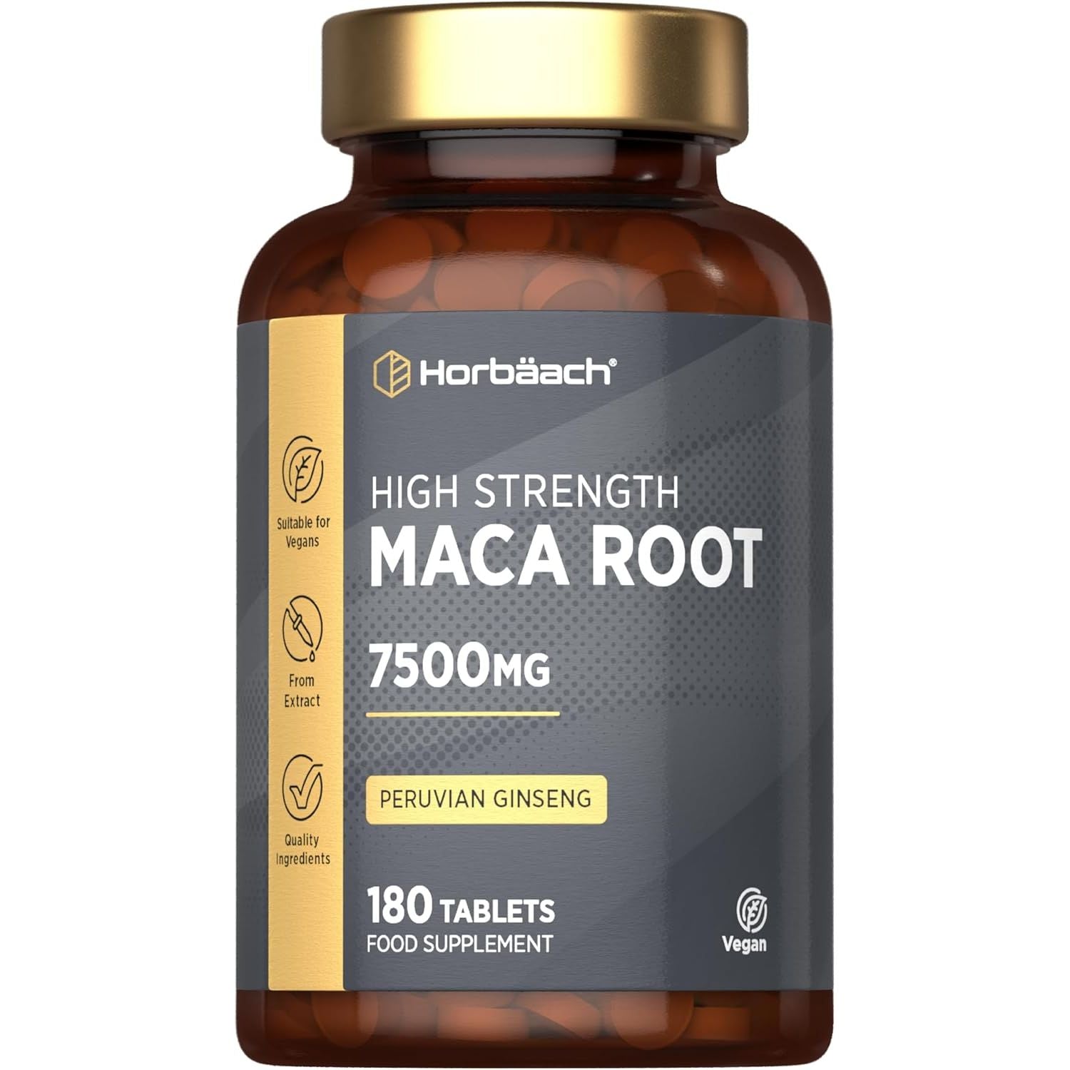 Maca Root 7500Mg | High Strength Maca Supplement for Men & Women | Peruvian Ginseng Extract | 180 Vegan Tablets | by Horbaach