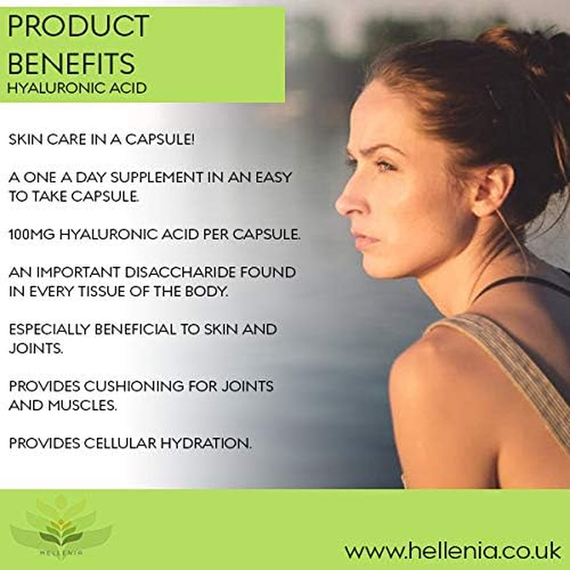 Hyaluronic Acid Supplements 100Mg Capsules | Supports Healthy Connective Tissue and Joints | Natural Moisturiser for Radiant Skin | 60 Hyaluronic Acid Capsules | Vegan Friendly - Made in the UK