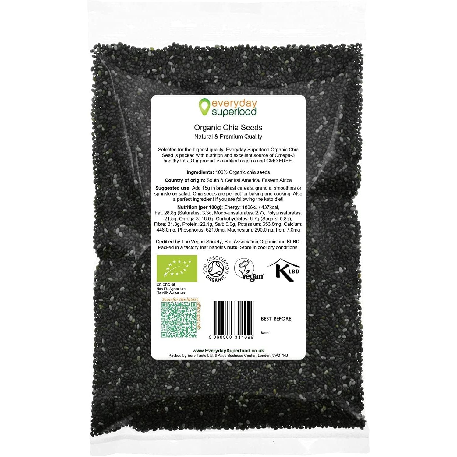Organic Chia Seeds 900G Raw Natural Black Chia Seeds Certified Organic Vegan Kosher Premium Chia Seeds