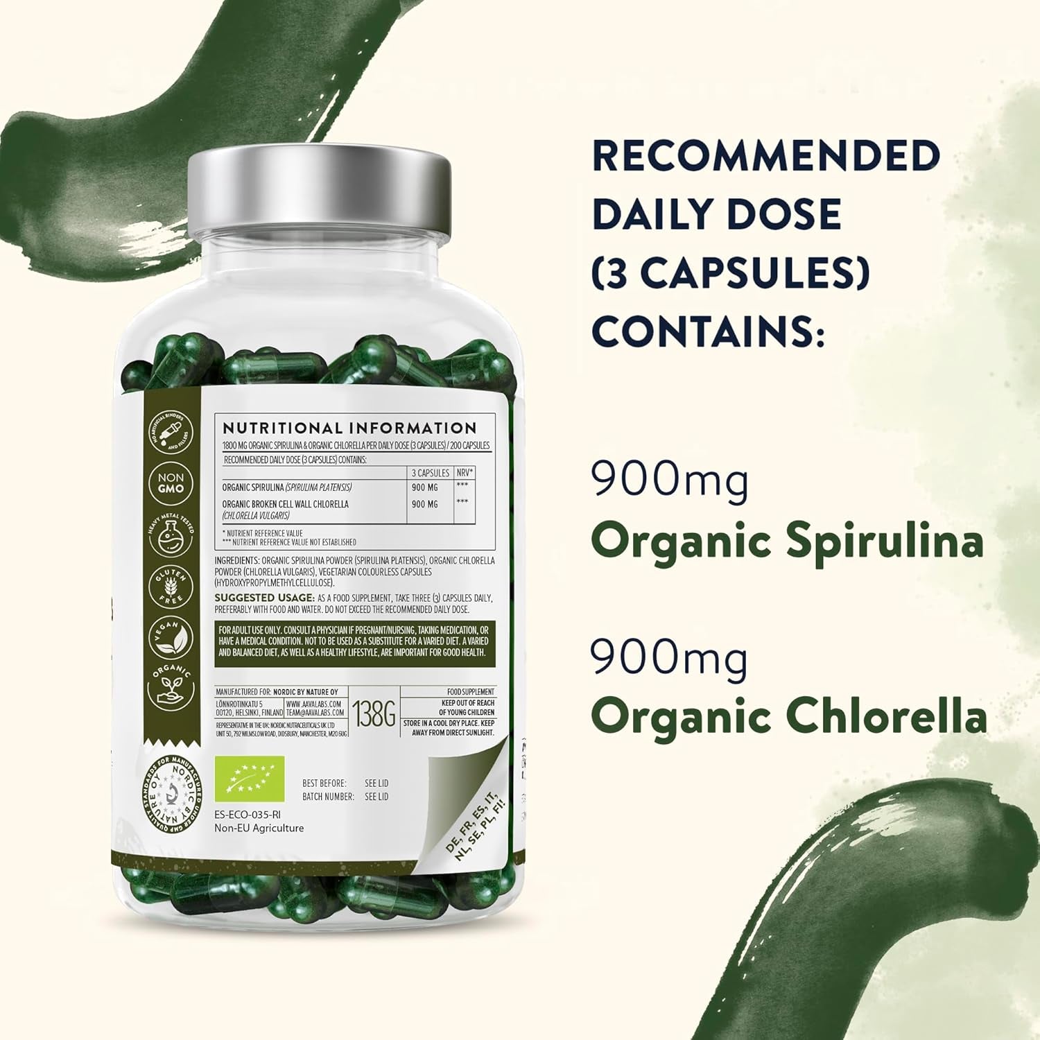 Organic Spirulina and Chlorella Capsules - Spirulina Powder and Chlorella Powder - Broken Cell Wall - 1800Mg per Serving - 200 Capsules - Vegan