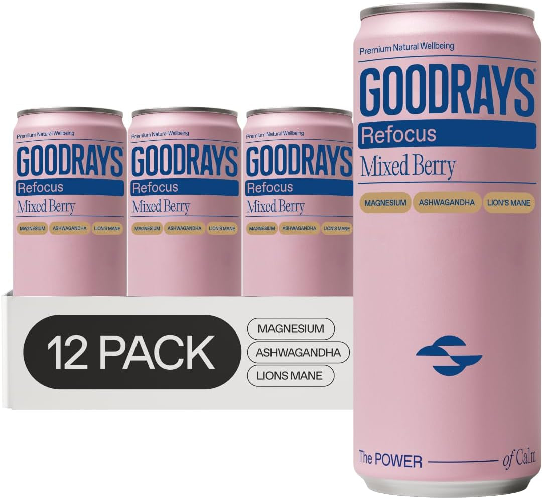 Goodrays Refocus, Sparkling Functional Drink with Magnesium Citrate, Lion'S Mane Mushroom, Ashwagandha and Vitamin D, Low Calorie, Mixed Berry, 12 X 250Ml, Packaging May Vary