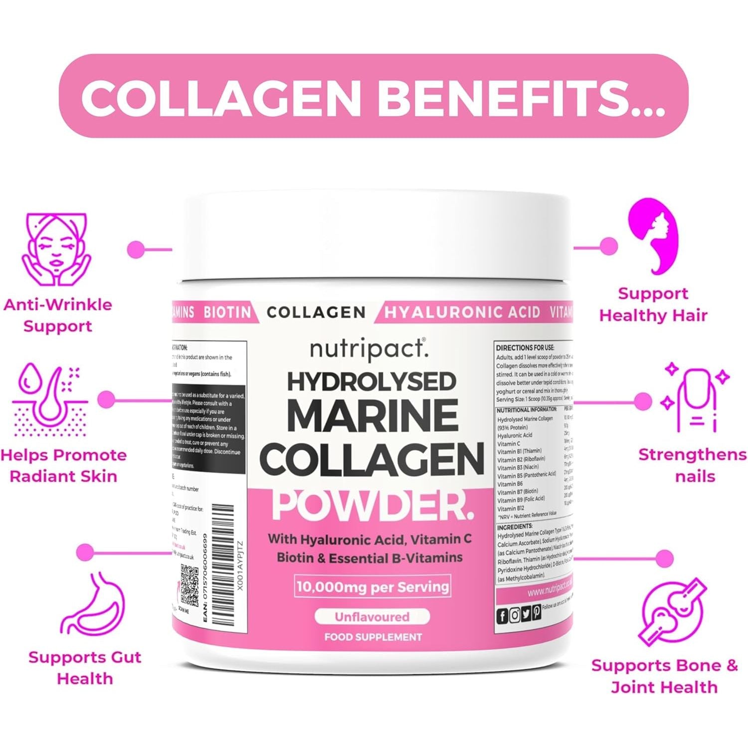 Nutripact Marine Collagen Powder with Hyaluronic Acid, Biotin, Vitamin C & B Vitamins 10,000Mg Hydrolysed Collagen Peptides Types 1 & 3, Unflavoured, Odourless, Highly Bioavailable – 30 Servings, 300G