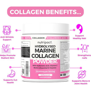 Nutripact Marine Collagen Powder with Hyaluronic Acid, Biotin, Vitamin C & B Vitamins 10,000Mg Hydrolysed Collagen Peptides Types 1 & 3, Unflavoured, Odourless, Highly Bioavailable – 30 Servings, 300G