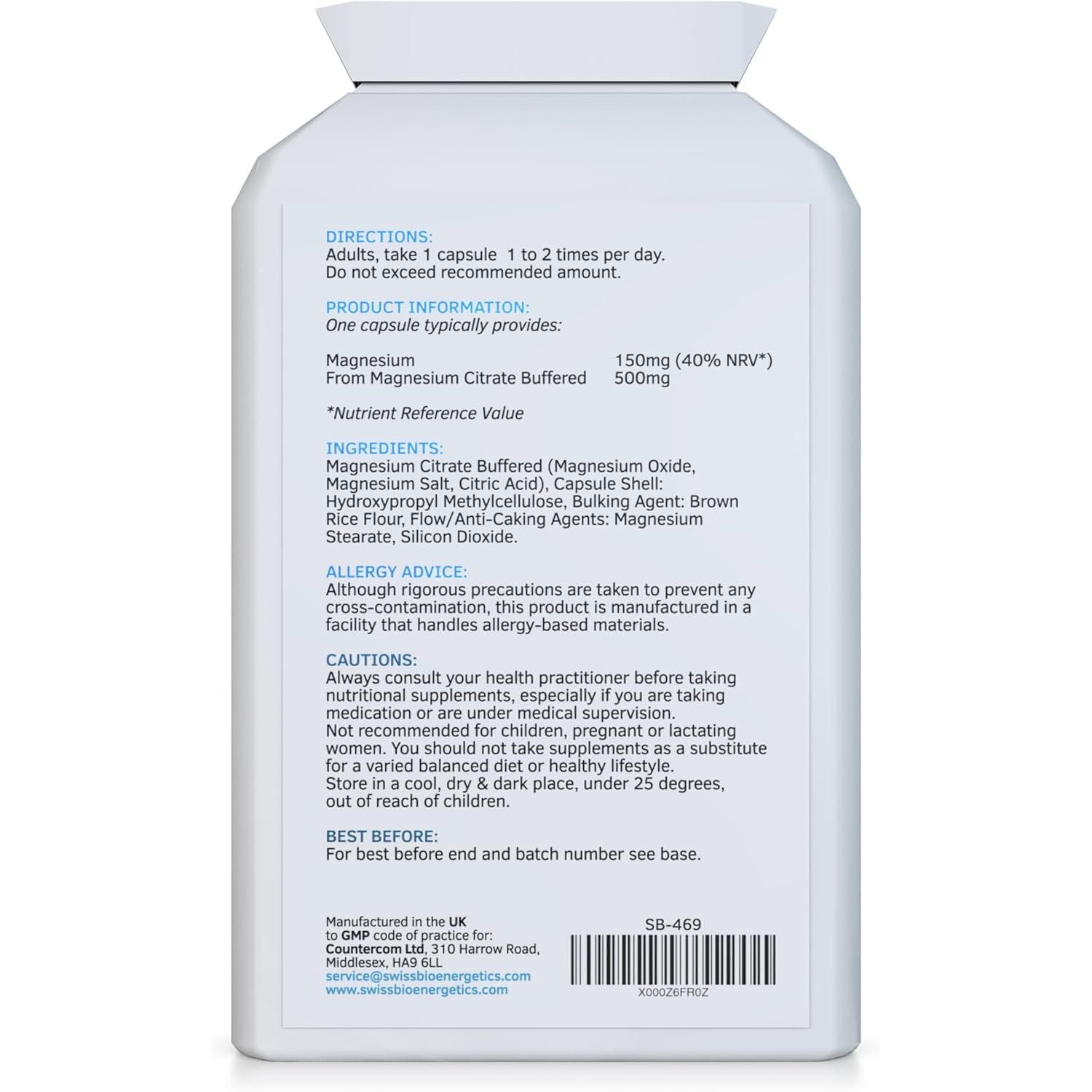 Magnesium Citrate 500Mg 120 Capsules - Providing 150Mg of Active Elemental Magnesium - High Potency - Easily Absorbable - Highly Bioavailable - UK Manufactured