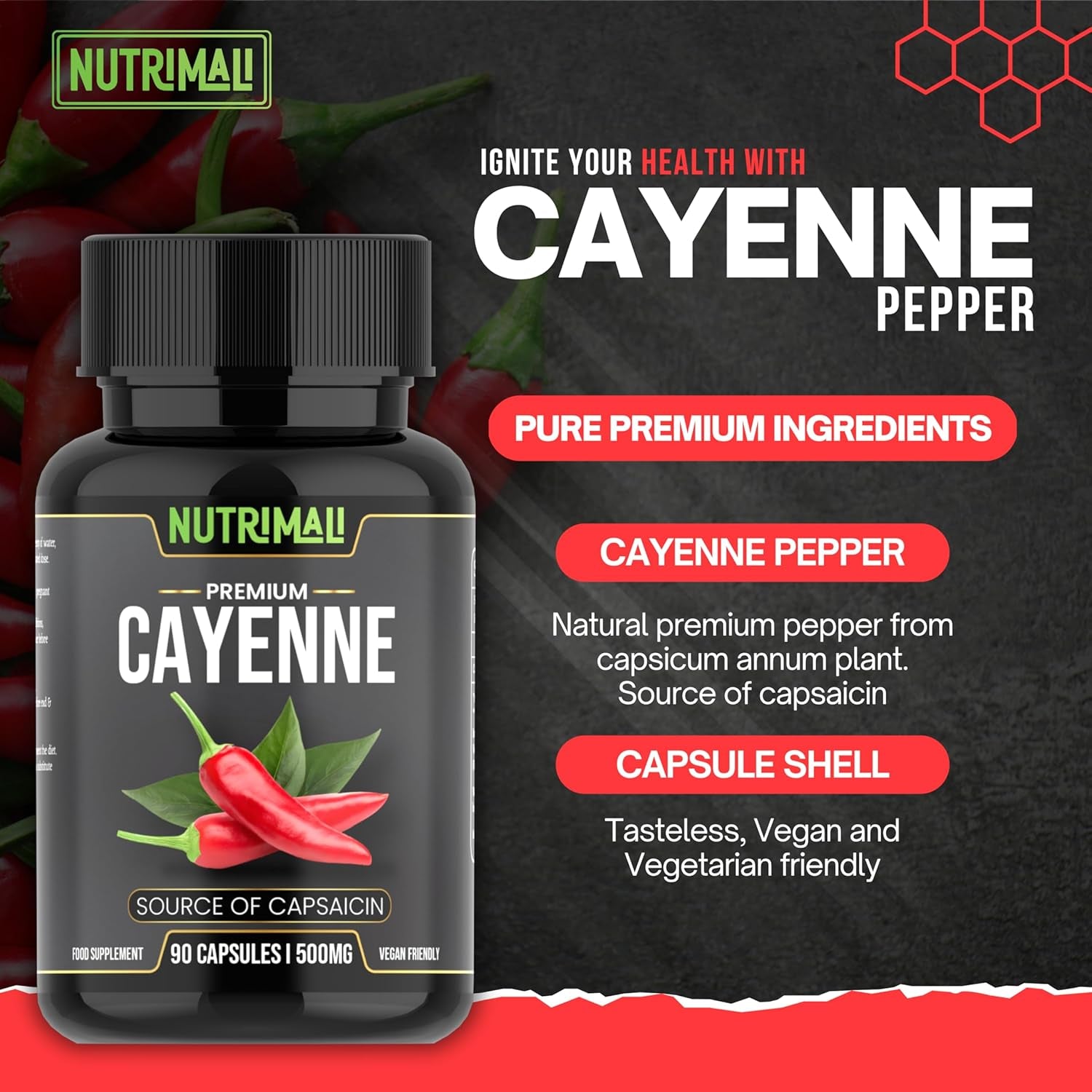 Nutrimali Cayenne Pepper Organic - 90 Vegan Capsules | High Strength up to 1500Mg | Natural Herbal Supplement | Zero Fillers 100% Natural & Eco Friendly Packaging