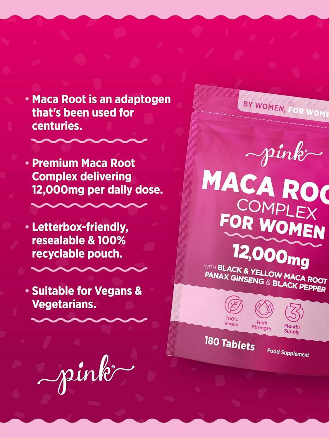 Maca Root Capsules for Women 12,000Mg | Peruvian Maca Supplement | High Strength Black & Yellow Maca Root with Panax Ginseng and Black Pepper | Botanical Supplement to Support Women'S Health | by PINK