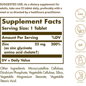 Solgar Chelated Zinc Tablets - Pack of 100 - Healthy Skin, Hair and Nails - Potent Antioxidant - Vegan