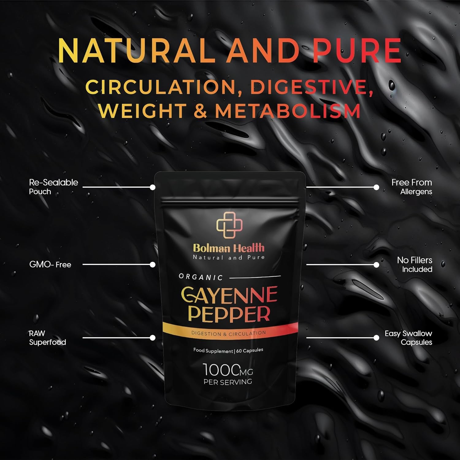 Cayenne Pepper | 30 Day Supply | Pure & Organic | 60 HPMC Vegan Friendly Capsules | Organic Cayenne Pepper | 500MG Capsules | Digestive, Circulatory, Inflammation, Digestion | Made in the UK