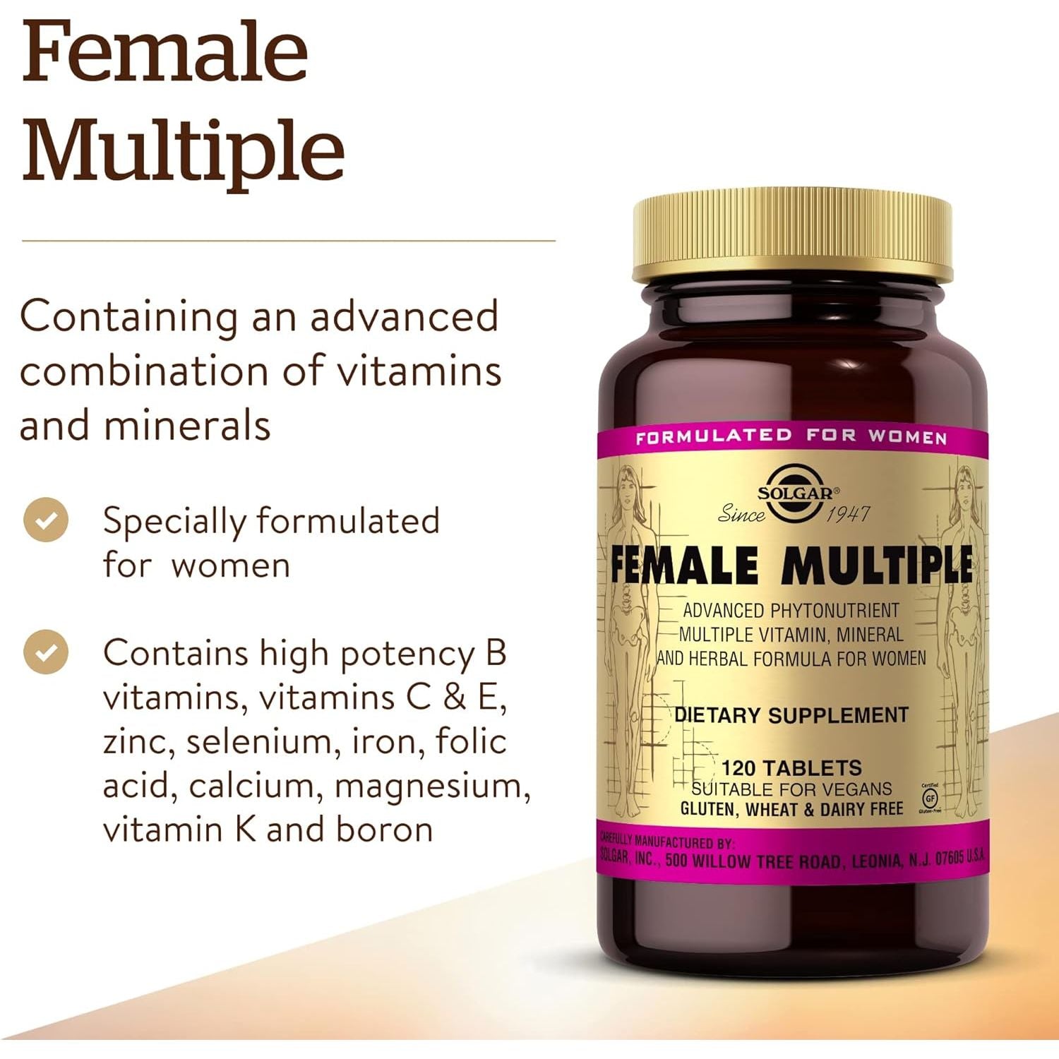 Solgar Female Multiple Tablets - Pack of 120 - to Support Healthy Blood Production and Fight Stress - with Vitamin B12, C, E, Iron and Zinc - Vegan