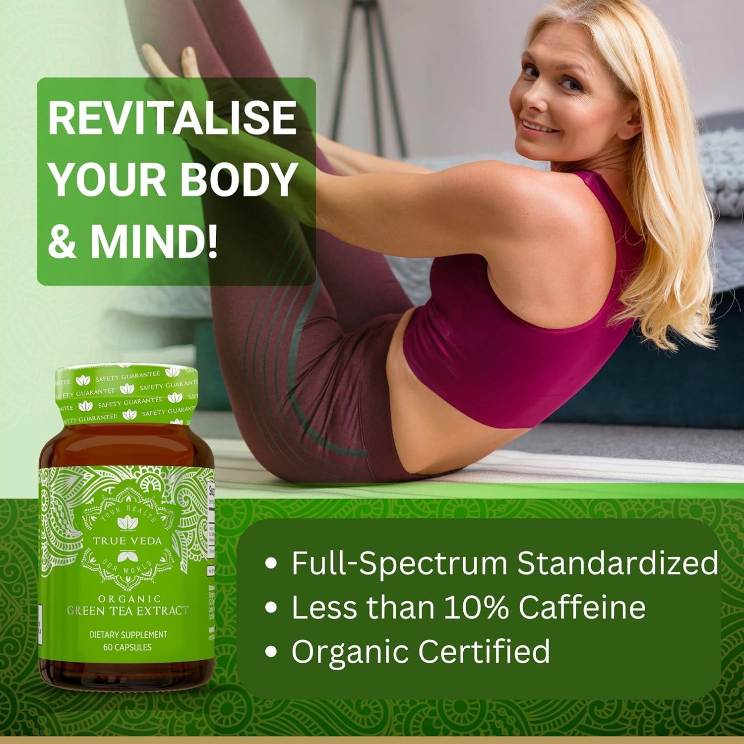 Organic Green Tea Extract Capsules - Certified Organic by Soil Association | 100% Natural Supplement | Natural Low Caffeine Source | Vegan | Ayurveda | 60 Easy Swallow Green Tea Tablets | Made in UK