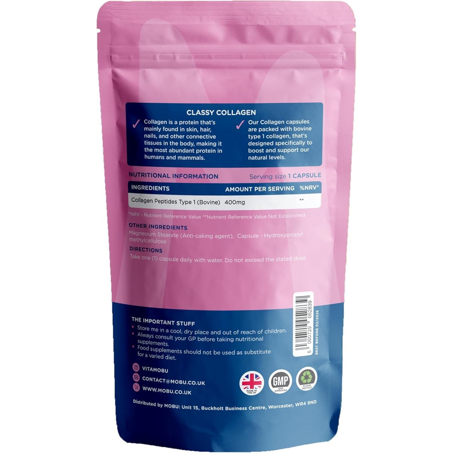 Hydrolysed Collagen 400Mg 120 Capsules | Hair, Skin and Joint Health Supplement | Bovine Collagen Type 1 for Women & Men | Letterbox Friendly | MOBU UK
