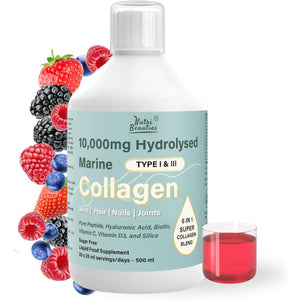 NUTRI Beauties Hydrolysed Marine Collagen Liquid Drink Supplement 10,000Mg + Hyaluronic Acid, Biotin, Vitamin C, D for Hair, Skin,Nails, Joints, 500Ml