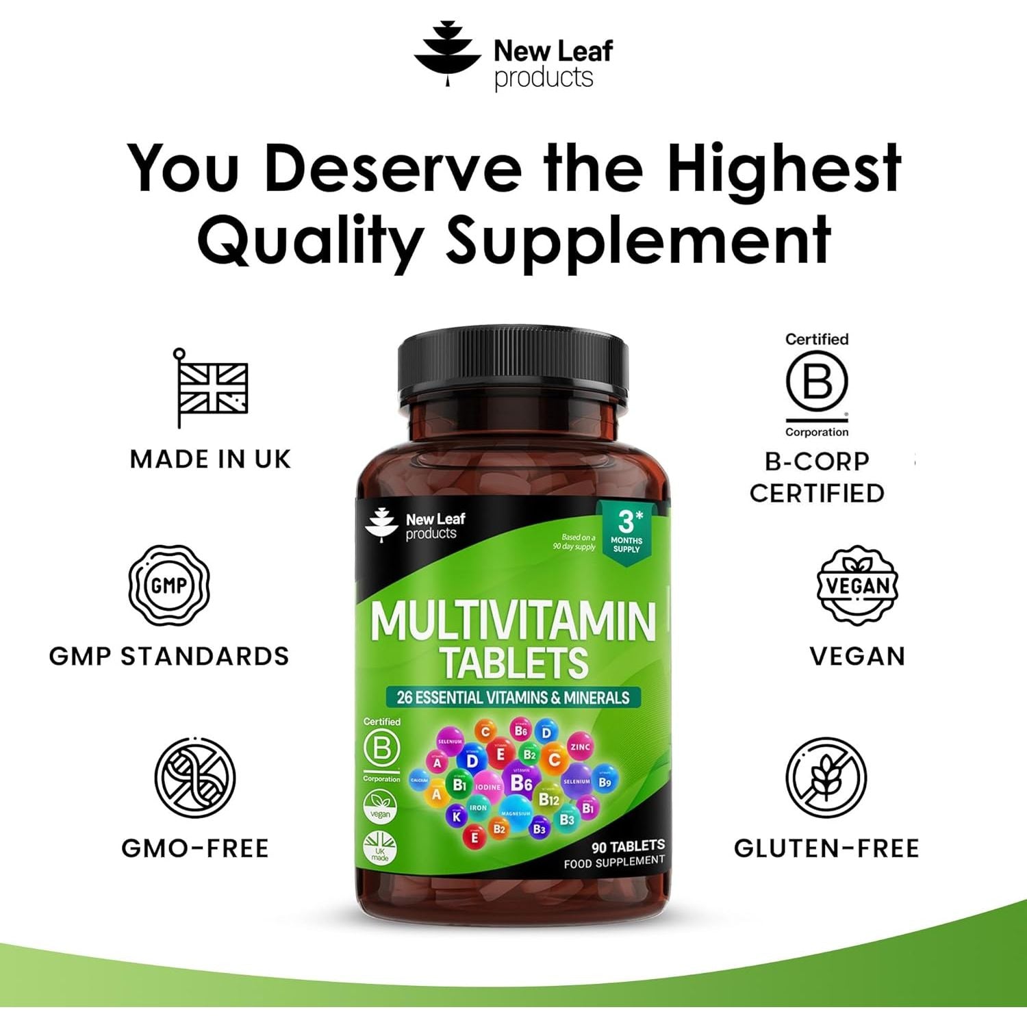 Multivitamin & Minerals 26 Essential Active Vegan High Strength Multivitamin Tablets for Women & Men with Iron A-Z Complete Daily Vegan Vitamins Gluten Free GMO Free (3 Month Supply) UK Made New Leaf