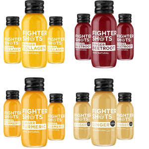 Fighter Shots Mixed Pack (12X60Ml)| Ginger, Ginger Turmeric, Ginger Collagen & Ginger Beetroot | 100% Natural | Perfect Morning/Post Workout Pick Me up | No Preservatives