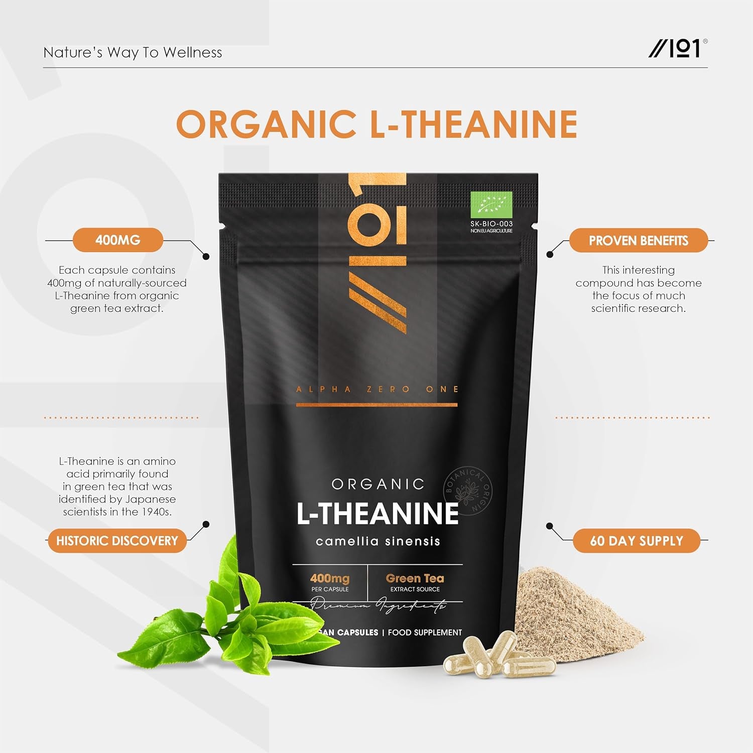 Organic L-Theanine 400Mg from Green Tea Extract - 60 Vegan Capsules (2 Months Supply) - High Strength Theanine Amino Acid Supplement - by Alpha01
