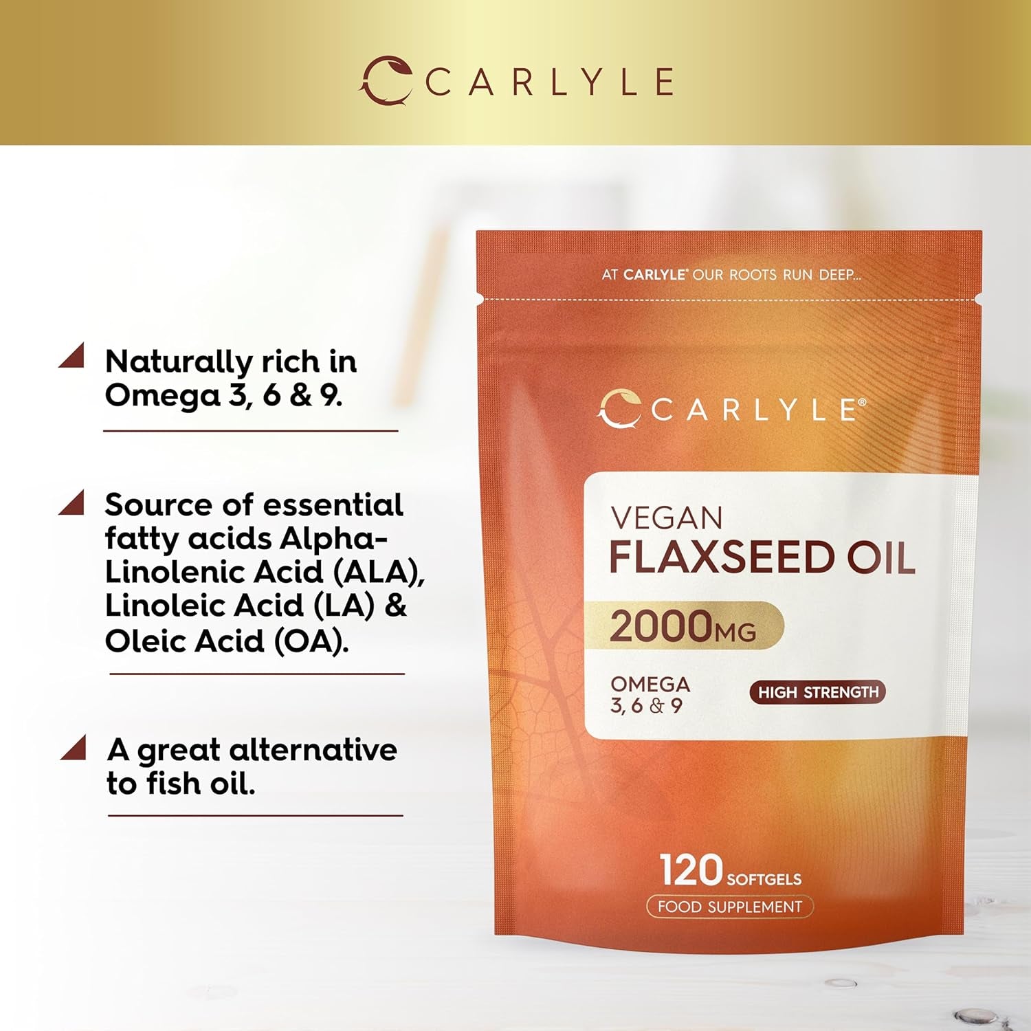 Flaxseed Oil Capsules 2000Mg | 120 Vegan Softgels | High Strength Supplement with Omega 3 6 & 9 | Cold Pressed | by Carlyle