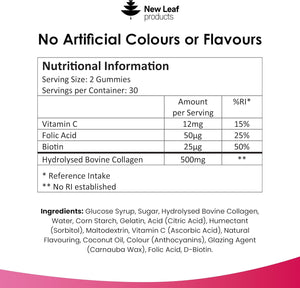 Collagen Gummies - High Strength Type L Bovine Collagan Beauty Supplement - Advanced Superior Type 1 Hydrolysed Collagen Peptides - Added Biotin, Vitamin C & Folic - 60 Gummies