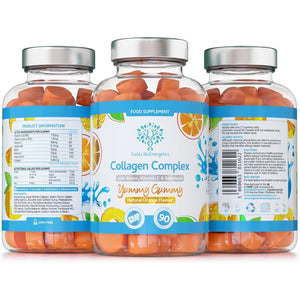 Collagen Complex - 90 Natural Orange Flavour Chewable Yummy Gummies - One a Day 500Mg Bovine Collagen, Biotin, Vitamin C, Selenium, Vits B6 and B12 – Healthy Skin and Hair for Men and Women – UK Made