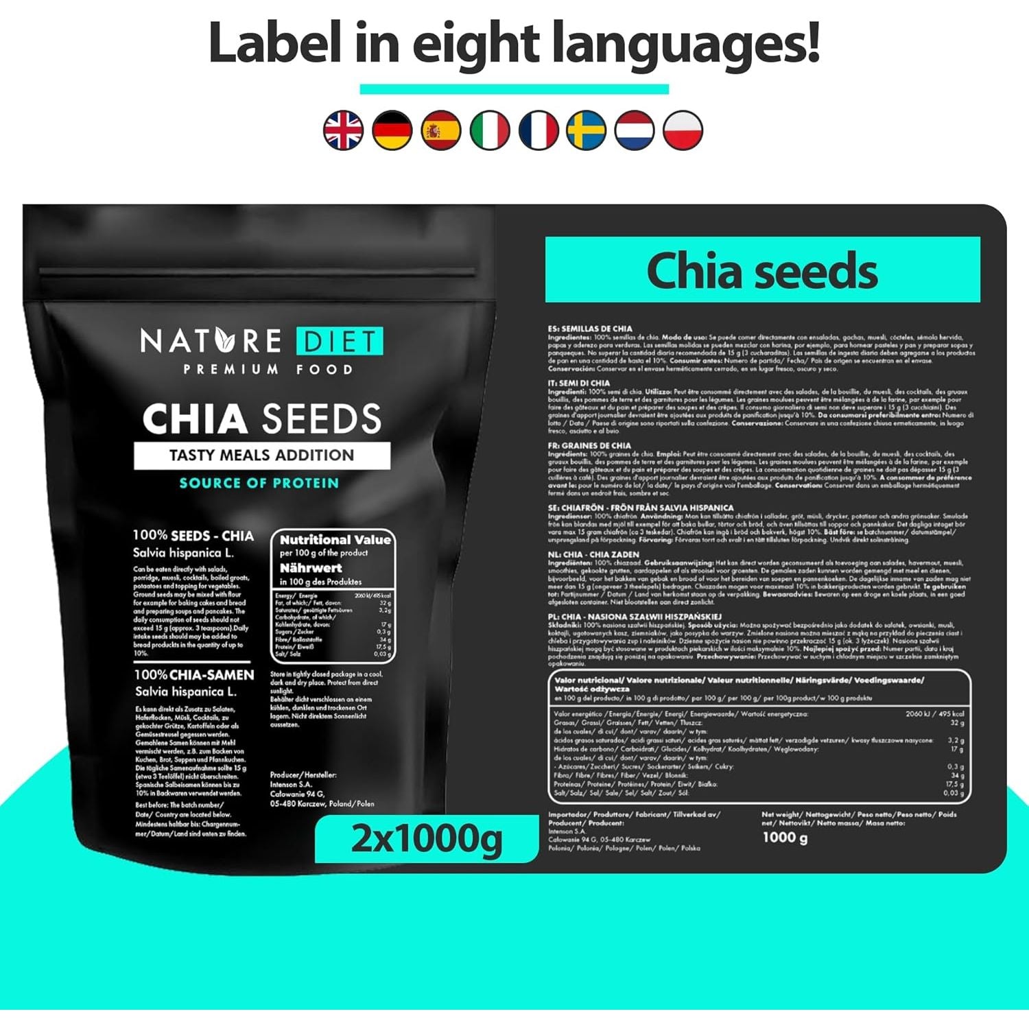 Nature Diet - Chia Seeds 2X 1000 G | Salvia Hispanica | High in Omega-3 | Source of Fiber