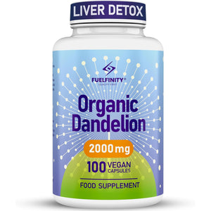 Organic Dandelion Root Capsules - 2000Mg - 100 Capsules - High Strength for Bloating & Water Retention- Fluid Balance with High Absorption- Supports Liver Detox & Fluid Balance - Fuelfinity® - Vegan