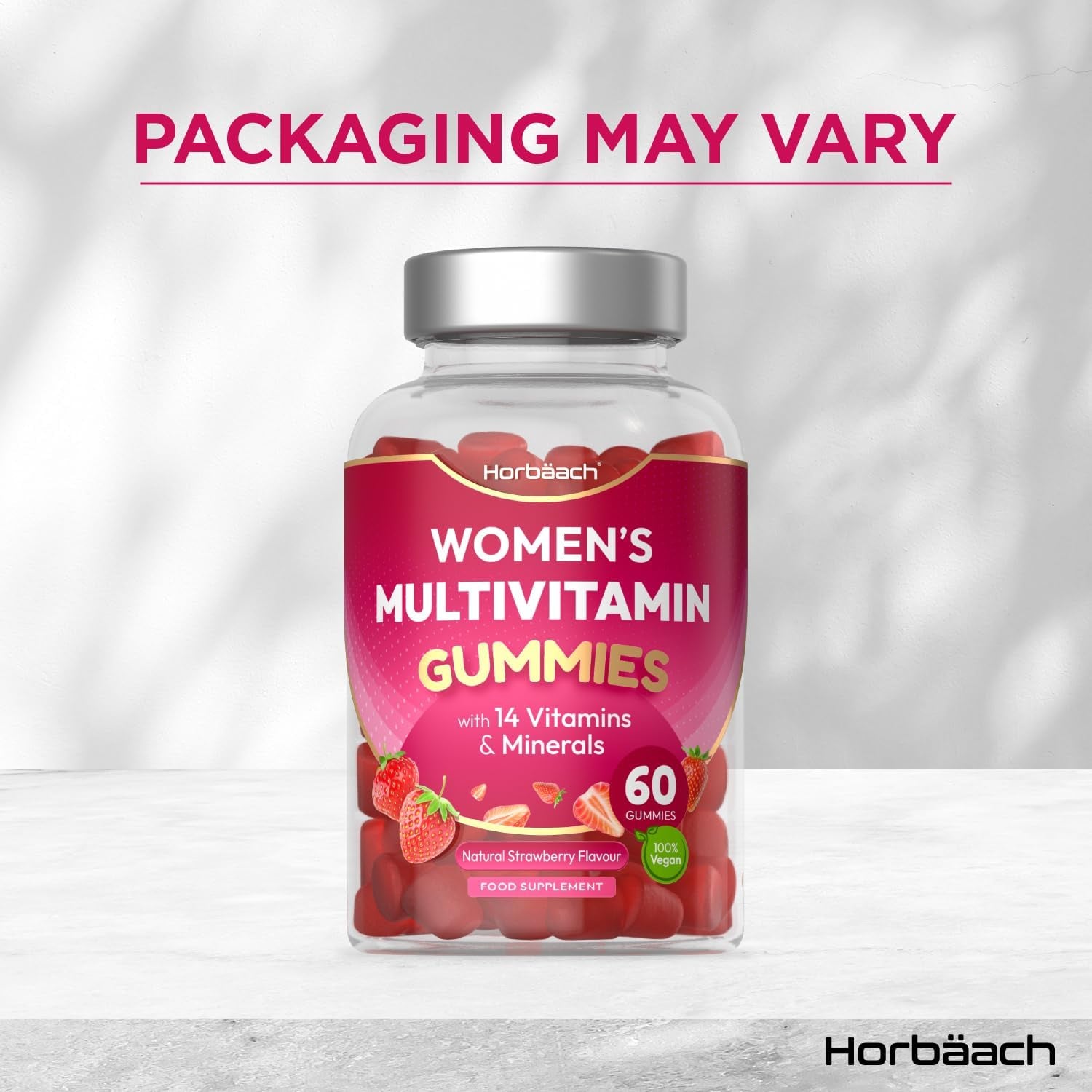 Multivitamin Gummies for Women | 14 Active Ingredients | with Zinc, Vitamins C, Biotin, B6, B12, B9 (Folic Acid) & More! | Hair, Skin and Nails | 60 Vegan Gummies - Natural Strawberry | by Horbaach
