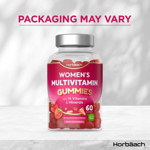 Multivitamin Gummies for Women | 14 Active Ingredients | with Zinc, Vitamins C, Biotin, B6, B12, B9 (Folic Acid) & More! | Hair, Skin and Nails | 60 Vegan Gummies - Natural Strawberry | by Horbaach