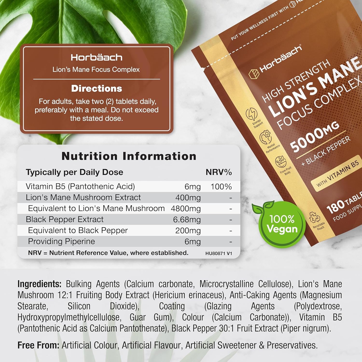 Lions Mane Supplement 5000Mg | Focus Complex with Vitamin B5 & Black Pepper | Lion'S Mane Mushroom Mental Performance Supplement | 180 Vegan Tablets | by Horbaach