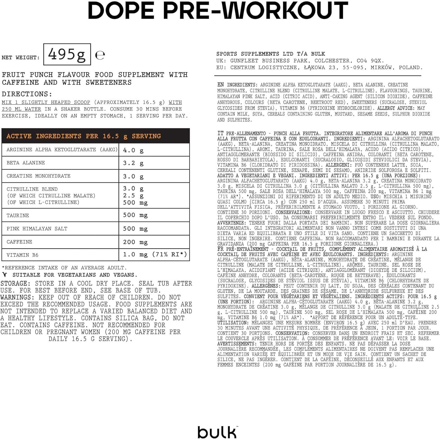 Bulk Dope Pre-Workout Powder | Fruit Punch | 3G Creatine per Serving | 200Mg Caffeine | Citrulline Malate & Arginine AKG | Beta-Alanine | Energy, Focus & Performance | 510G Supplement