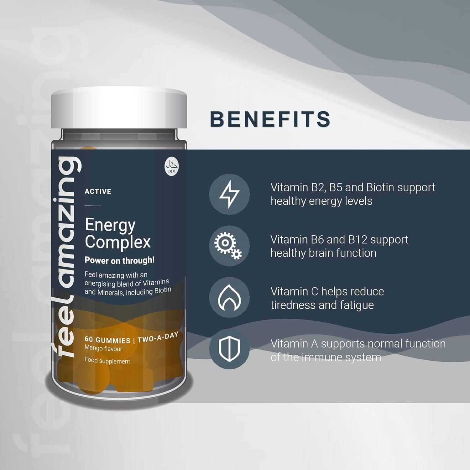 Feel Amazing Energy Complex Gummies - Vitality Support with B-Vitamins - Immune Boost - Mango Flavour, Vegetarian, Halal, 60 Gummies, 30-Day Supply (1)