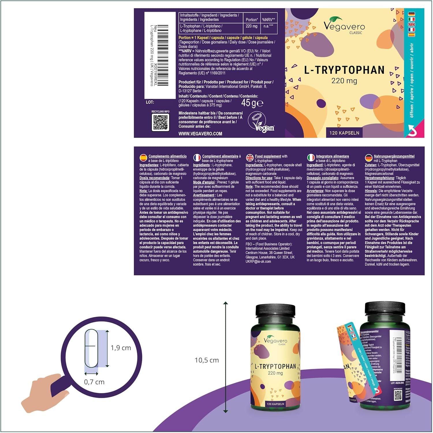 Vegavero L-Tryptophan 220 Mg | 120 Capsules (4 Months Supply) | NO Additives | Lab-Tested | Pure Tryptophan Supplement | Vegan