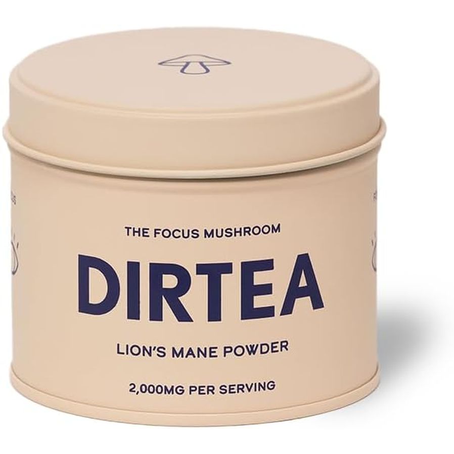 Dirtea Lion'S Mane Oganic Mushroom Powder – Enhances Focus, Memory & Digestion. 60G Tin with 30 Servings and Serving Spoon. 100% Pure Lions Mane Powder for Wellness.