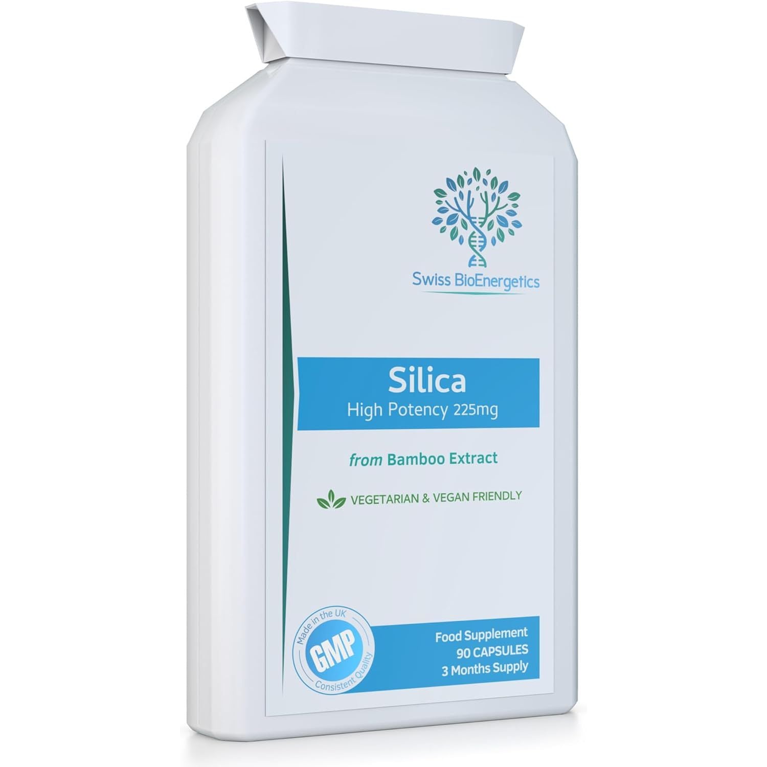 Silica 225Mg - a Potent Highly Bioavailable Form - Naturally Sourced from Bamboo Extract - 90 One-A-Day Vegan Capsules – Exclusively Manufactured in the UK