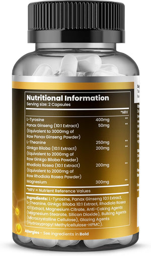 Dopamine Supplements, Balance Dopamine Levels 1400Mg Potent Complex, L Tyrosine with Added Panax Ginseng, L-Theanine, Ginkgo Biloba & Magnesium, Productivity Increase - 60 Vegan Capsules Healthessent
