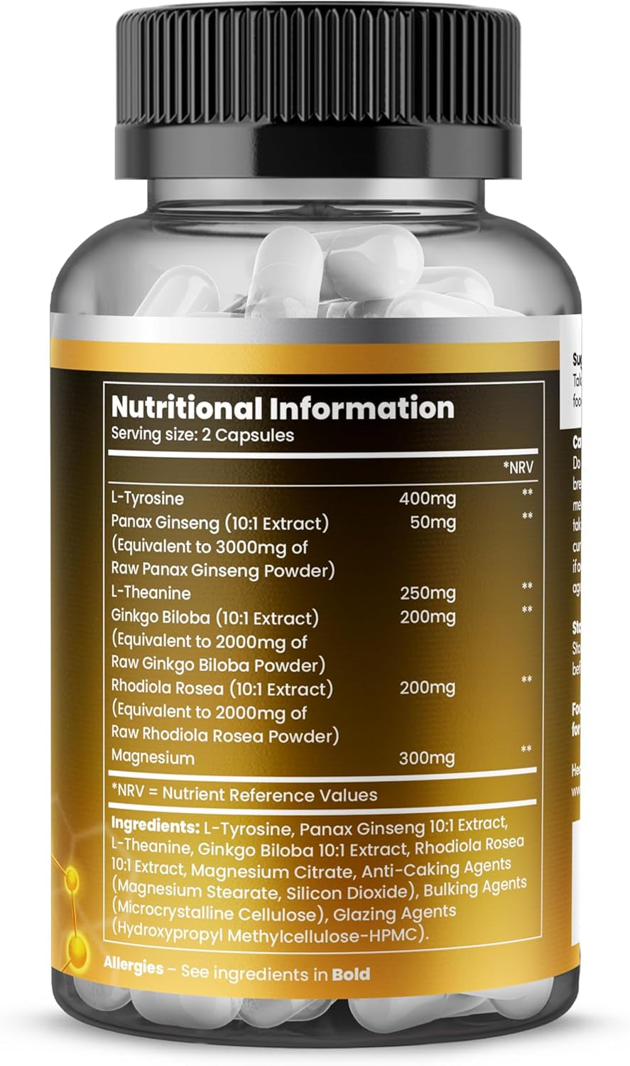 Dopamine Supplements, Balance Dopamine Levels 1400Mg Potent Complex, L Tyrosine with Added Panax Ginseng, L-Theanine, Ginkgo Biloba & Magnesium, Productivity Increase - 60 Vegan Capsules Healthessent
