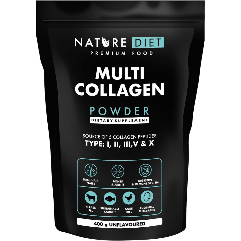Nature Diet Multi Collagen Powder Unflavored 400G, Hydrolysed Highly Bioavailable Collagen Peptides Type: I, II, III, V and X, Protein Powder, Collagen Supplements for Woman
