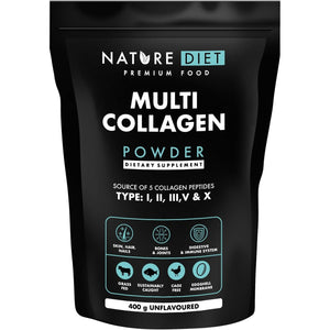 Nature Diet Multi Collagen Powder Unflavored 400G, Hydrolysed Highly Bioavailable Collagen Peptides Type: I, II, III, V and X, Protein Powder, Collagen Supplements for Woman