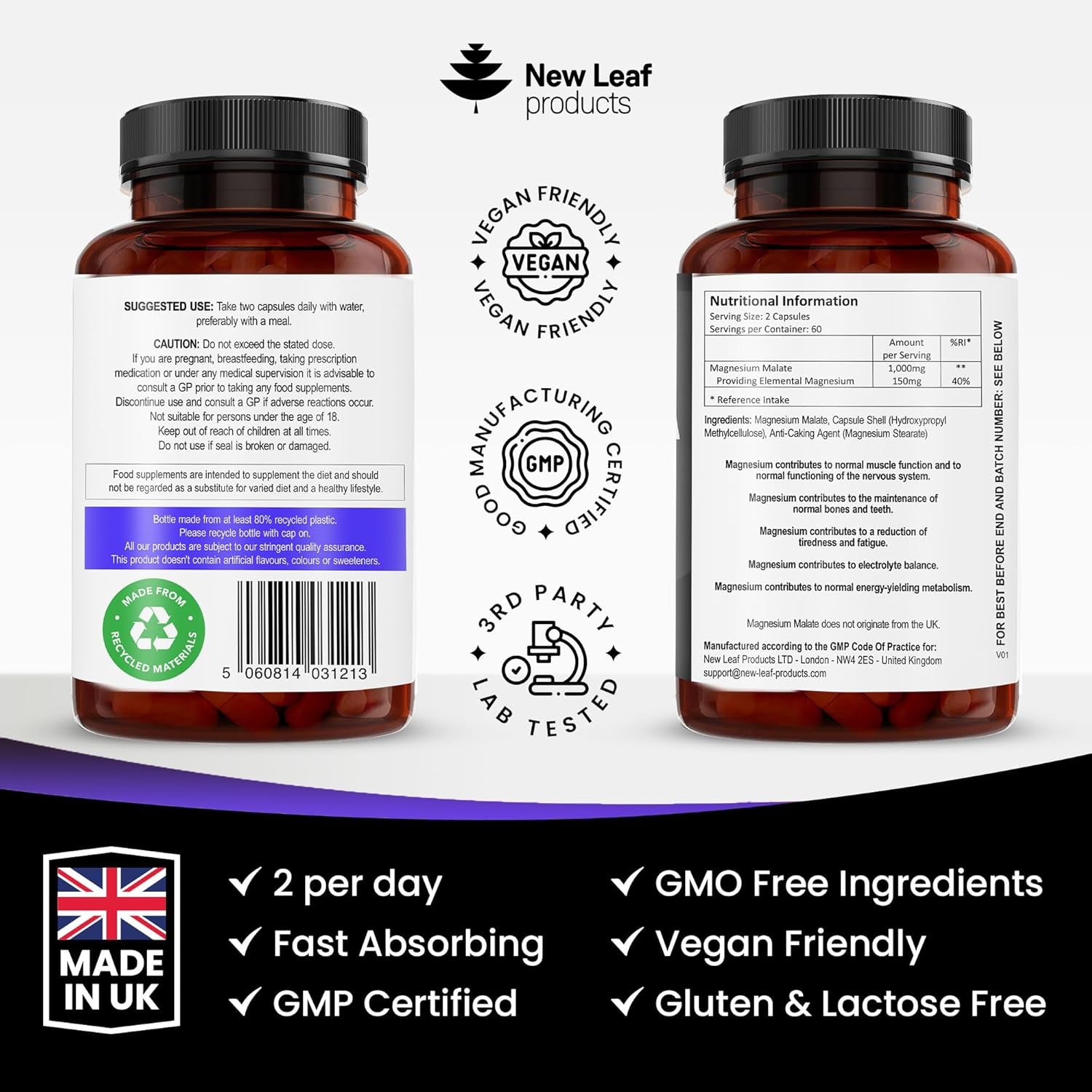 Magnesium Supplements 1000Mg - Pure Magnesium Malate Capsules - Bones & Sleep Support - High Absorption Elemental - Vegan High Strength - 2 Months Supply