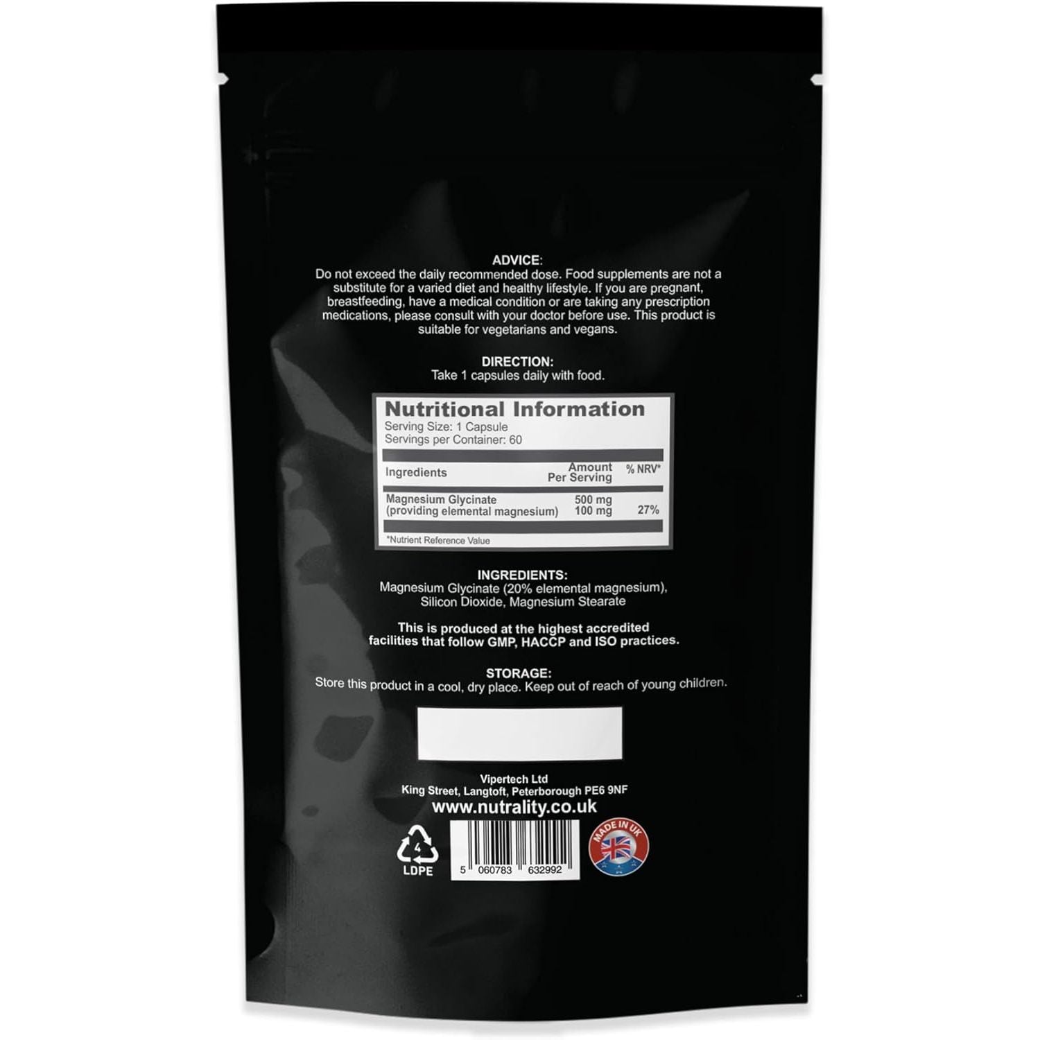 Nutrality Magnesium Glycinate 500Mg | High-Strength Magnesium Complex | Supports Bone Health & Energy Levels | Sleep Aid Promotes Relaxation | 60 Vegan Capsules