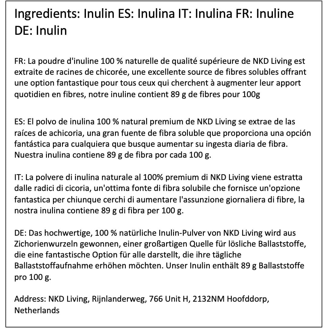 NKD Living Inulin High Grade Prebiotic Fibre Powder (1 Kg) - Manufactured in the EU - Fibre Prebiotic Supplement